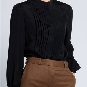 Luxury black silk pleated blouse with mandarin collar. Classic black blouse.
